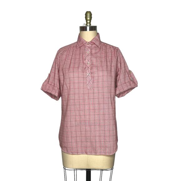 Vintage Tops - VINTAGE 70s {Miss Fashionality} Red/Brown Plaid Popover Henley Blouse Top S/M